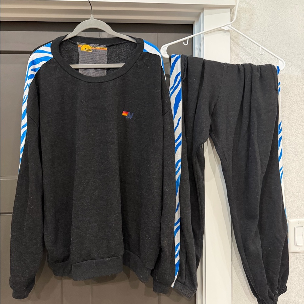 Aviator Nation Black Sweats Set with Blue and White Stripes- TopXXL, Bottoms L